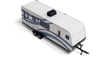 Overhead view of a white camper trailer with blue trim.